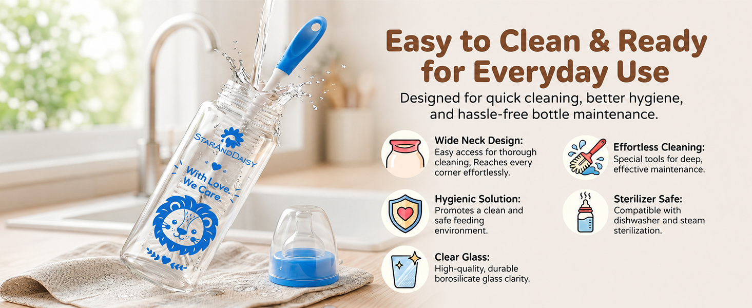 StarAndDaisy Glass Baby Feeding Bottle with Wide Neck, Easy Clean and Sterilizer Safe Design