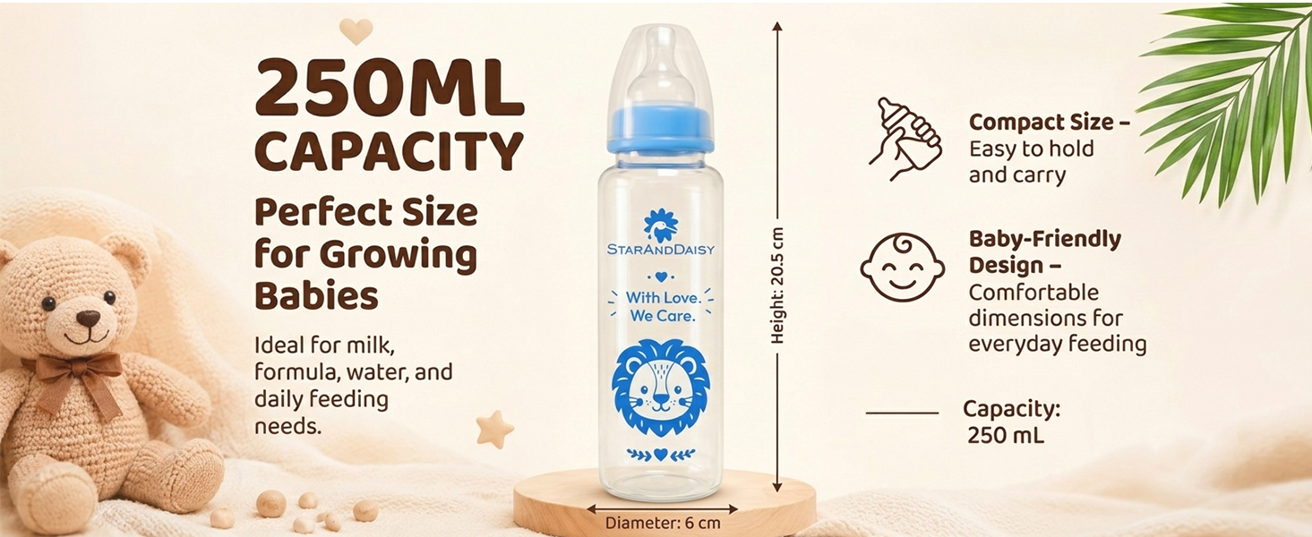 StarAndDaisy Glass Baby Feeding Bottle with Wide Neck, Easy Clean and Sterilizer Safe Design