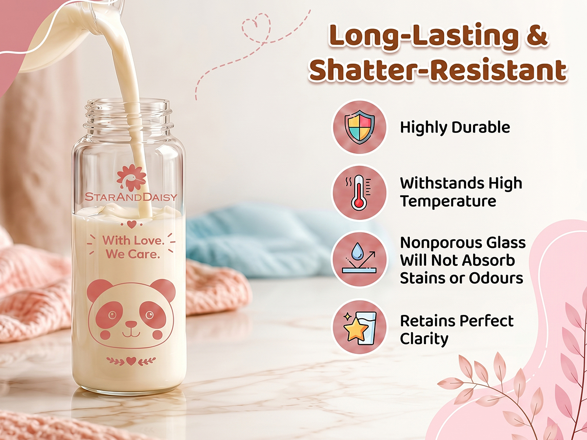 StarAndDaisy Glass Baby Feeding Bottle with Wide Neck, Easy Clean and Sterilizer Safe Design