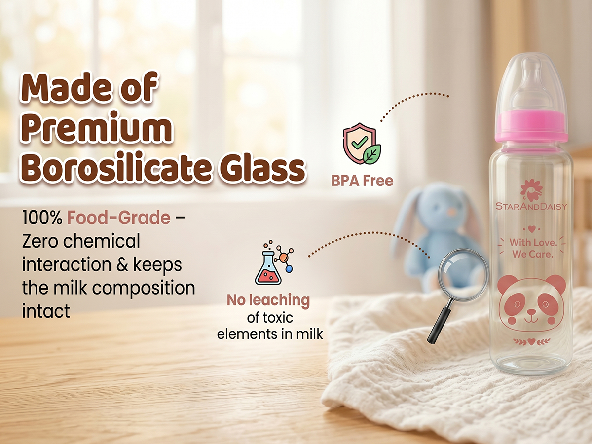 StarAndDaisy Glass Baby Feeding Bottle with Wide Neck, Easy Clean and Sterilizer Safe Design