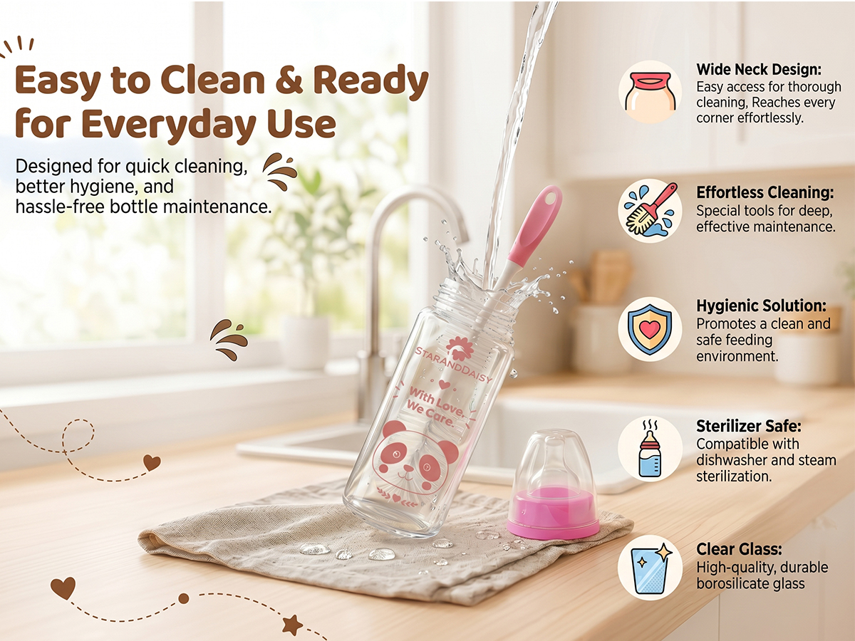 StarAndDaisy Glass Baby Feeding Bottle with Wide Neck, Easy Clean and Sterilizer Safe Design