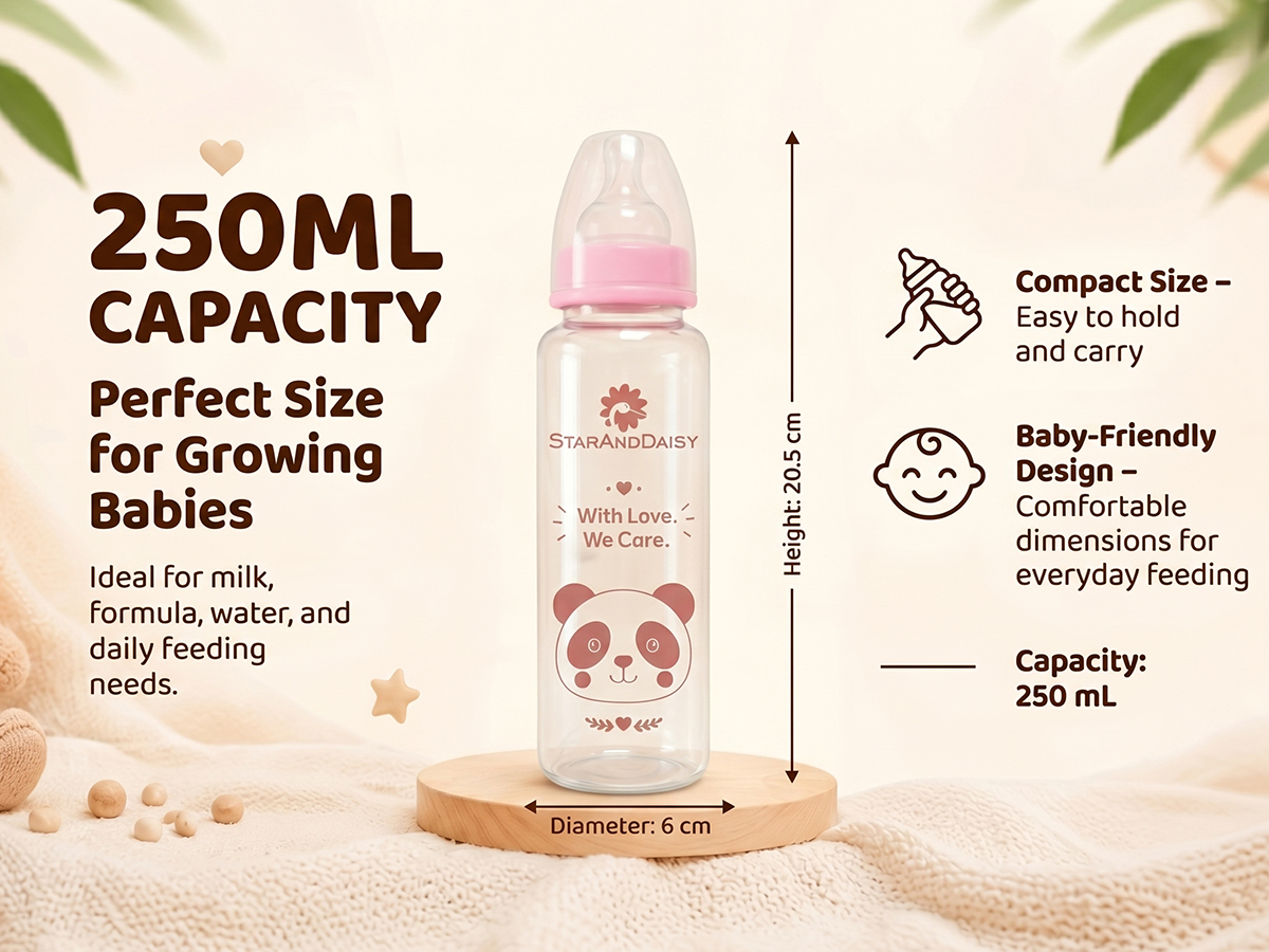 StarAndDaisy Glass Baby Feeding Bottle with Wide Neck, Easy Clean and Sterilizer Safe Design