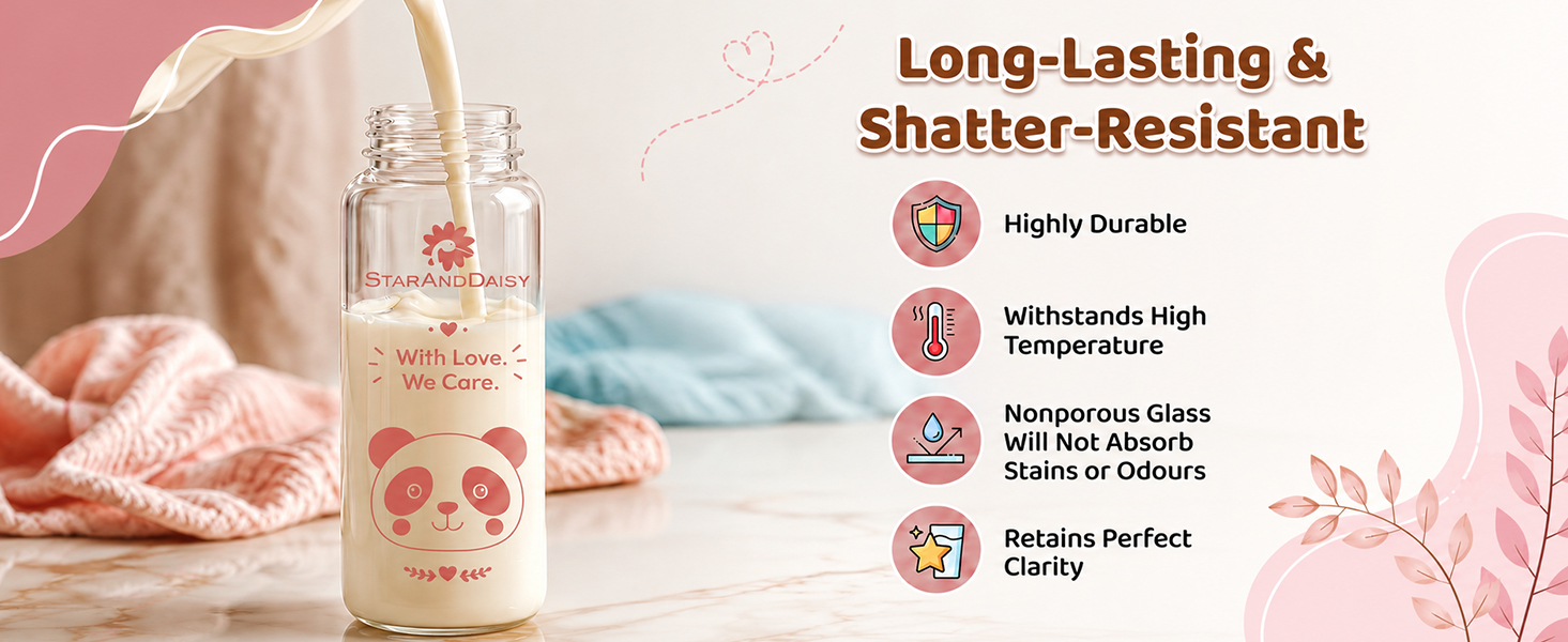 StarAndDaisy Glass Baby Feeding Bottle with Wide Neck, Easy Clean and Sterilizer Safe Design