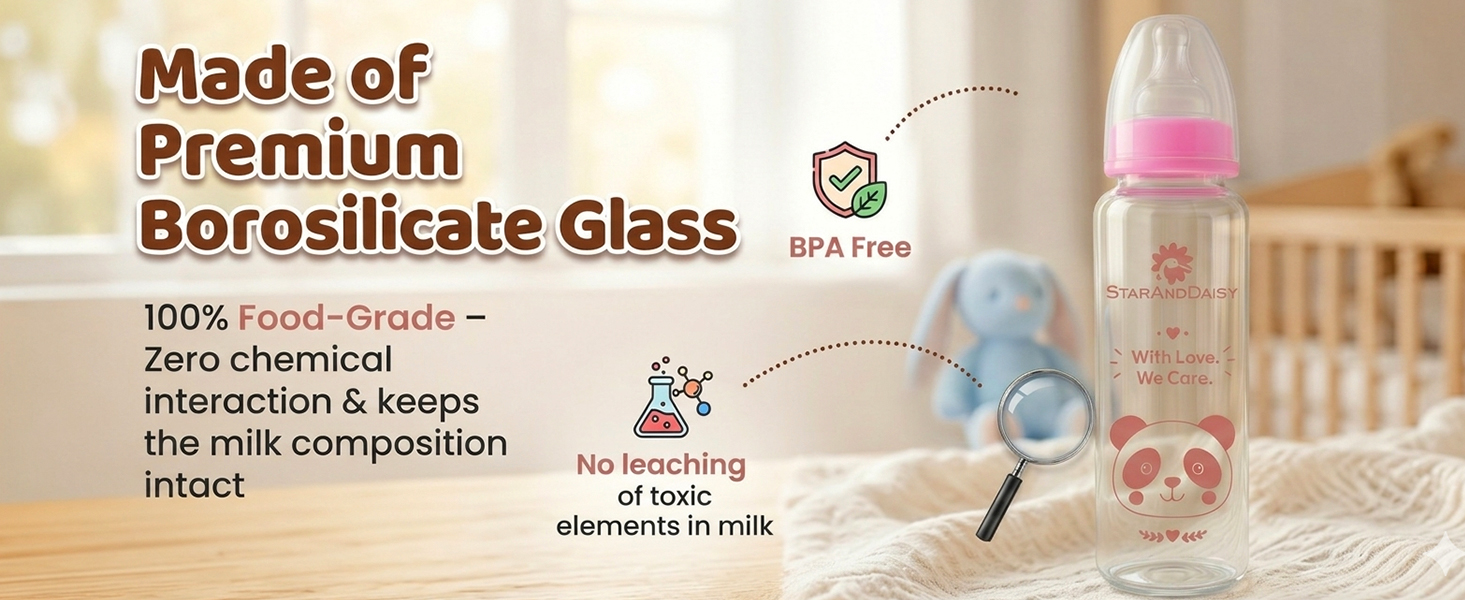 StarAndDaisy Glass Baby Feeding Bottle with Wide Neck, Easy Clean and Sterilizer Safe Design
