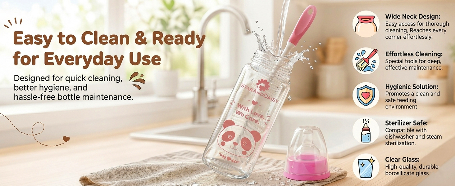 StarAndDaisy Glass Baby Feeding Bottle with Wide Neck, Easy Clean and Sterilizer Safe Design