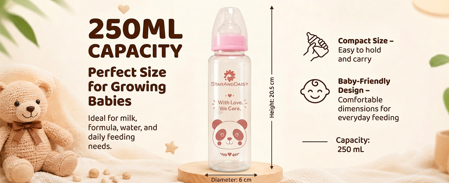 StarAndDaisy Glass Baby Feeding Bottle with Wide Neck, Easy Clean and Sterilizer Safe Design