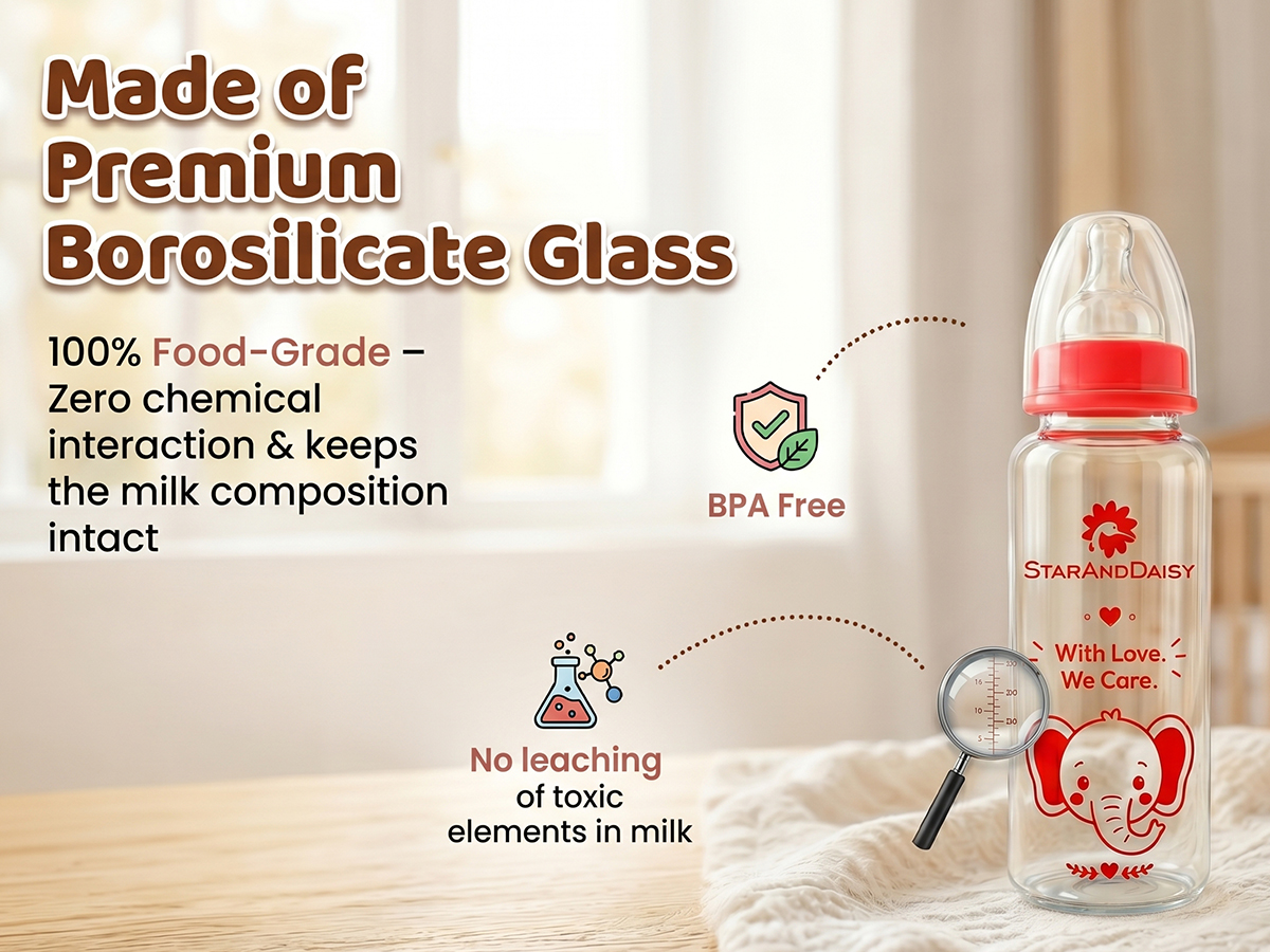 StarAndDaisy Glass Baby Feeding Bottle with Wide Neck, Easy Clean and Sterilizer Safe Design