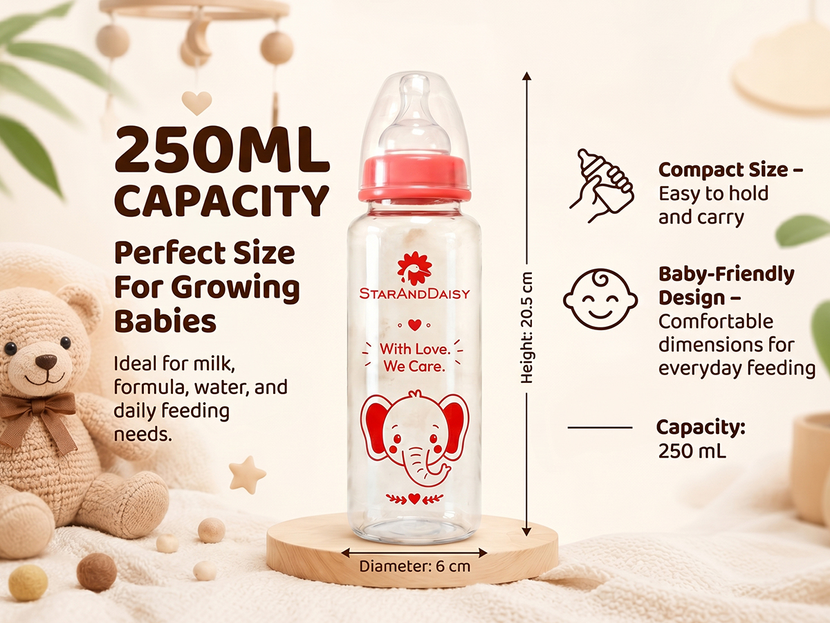 StarAndDaisy Glass Baby Feeding Bottle with Wide Neck, Easy Clean and Sterilizer Safe Design