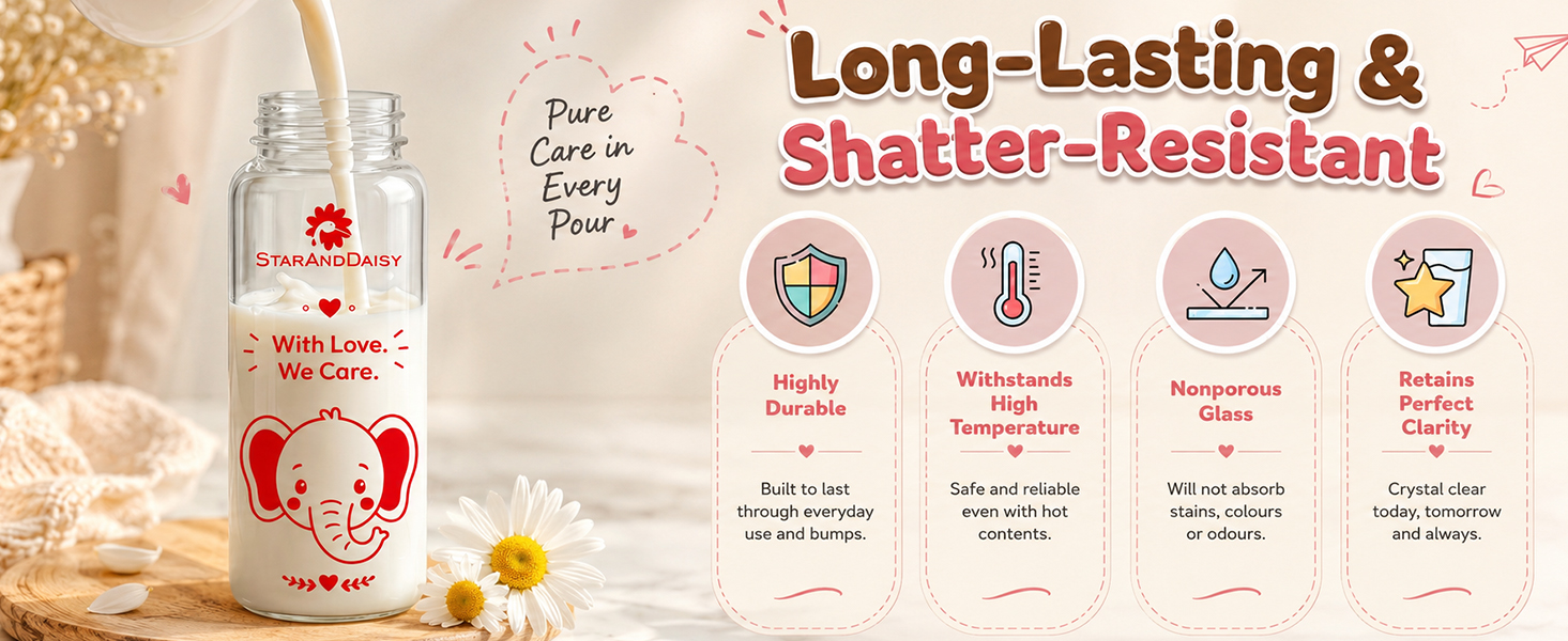 StarAndDaisy Glass Baby Feeding Bottle with Wide Neck, Easy Clean and Sterilizer Safe Design