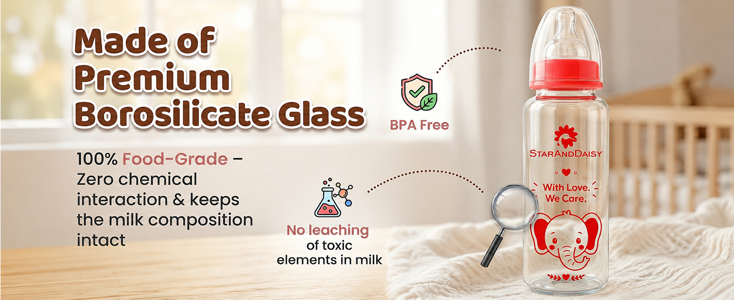 StarAndDaisy Glass Baby Feeding Bottle with Wide Neck, Easy Clean and Sterilizer Safe Design
