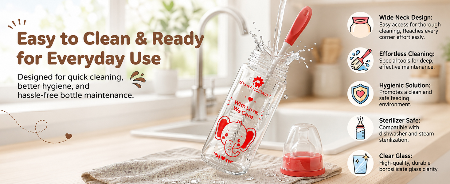 StarAndDaisy Glass Baby Feeding Bottle with Wide Neck, Easy Clean and Sterilizer Safe Design