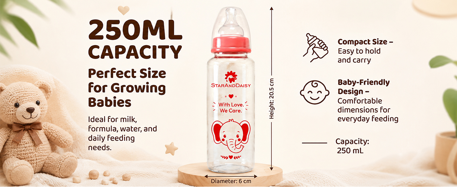 StarAndDaisy Glass Baby Feeding Bottle with Wide Neck, Easy Clean and Sterilizer Safe Design