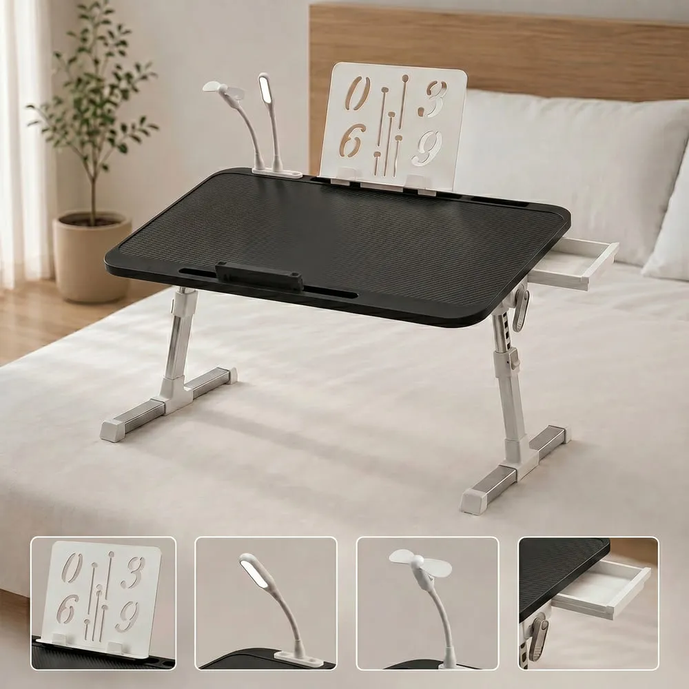 t3 bed table with Book Holder, led light and fan with USB black