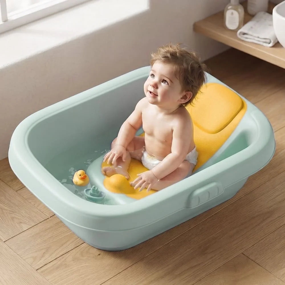 StarAndDaisy Premium Baby Bathtub with Soft TPE Bath Support,Ergonomic Anti-Slip Baby Bath Tub, Newborn to Toddler (0-3 Years) – Blue & Yellow