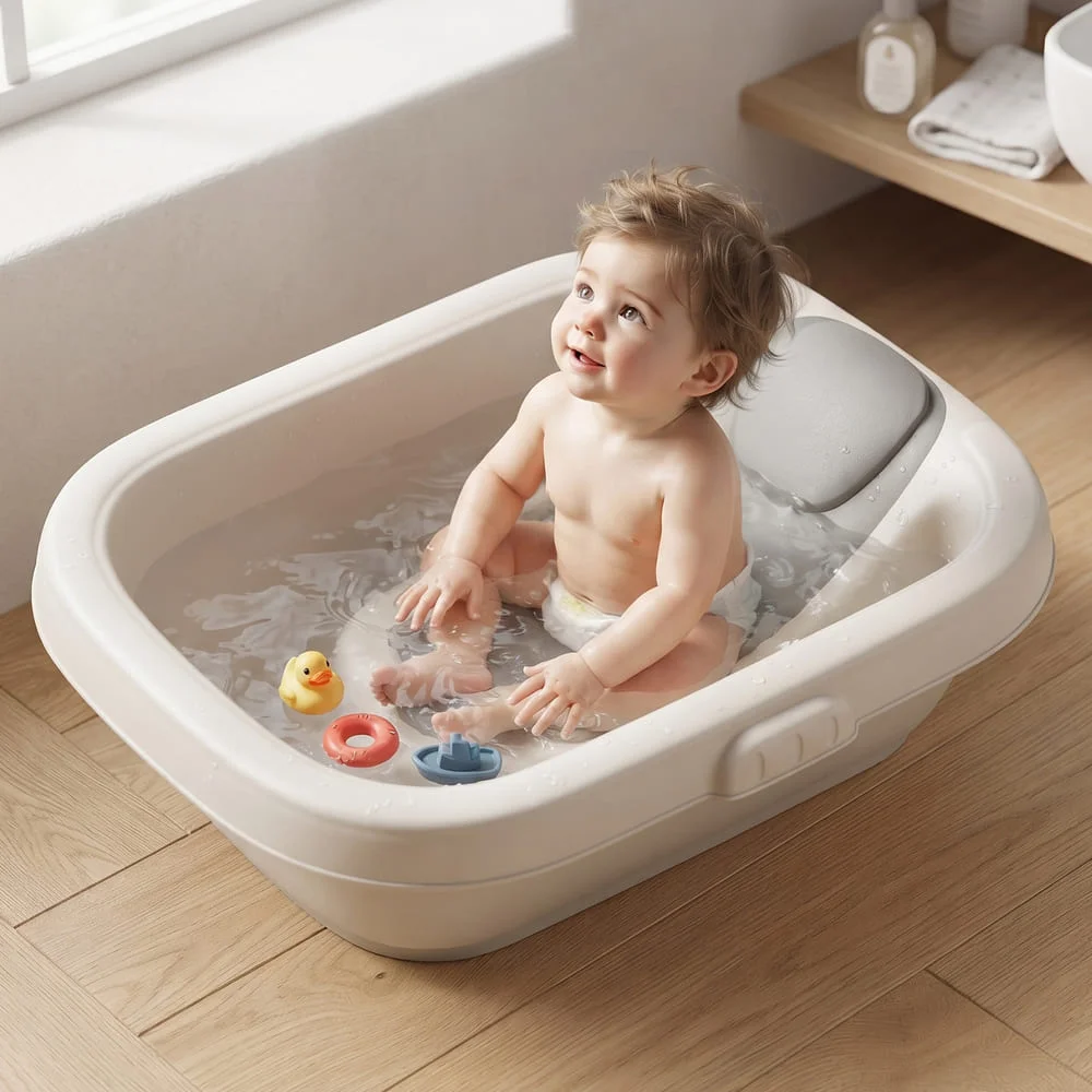 premium baby bathtub with bath support white grey