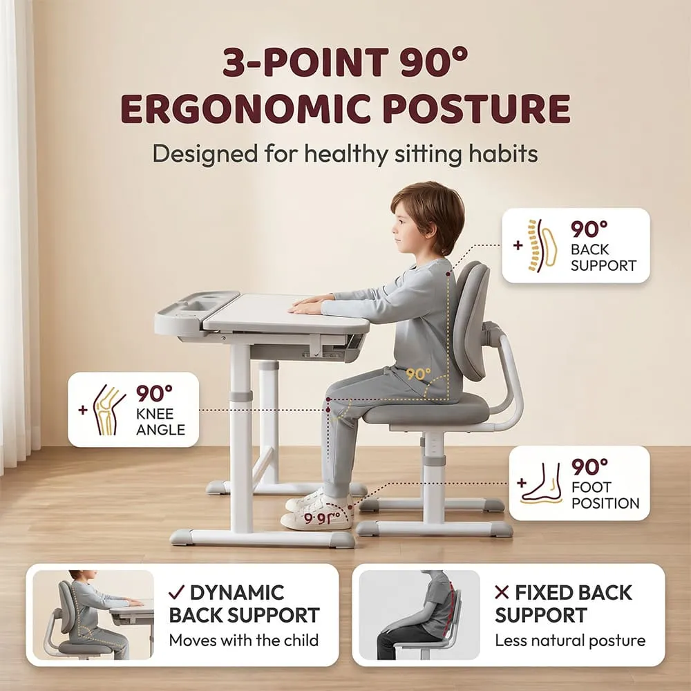 3 point 90 degree ergonomic posture Multi functional Kids STudy table grey