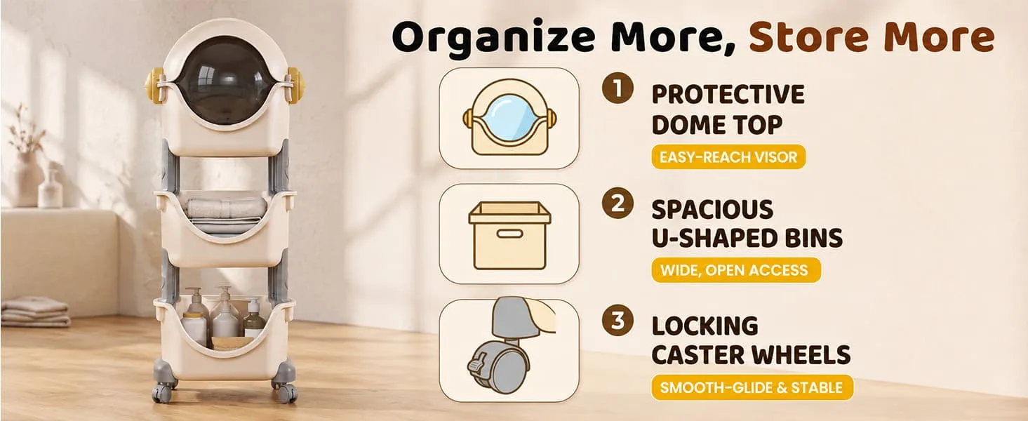 Astronaut 3-Tier Storage Organizer with Cover & Lockable Wheels