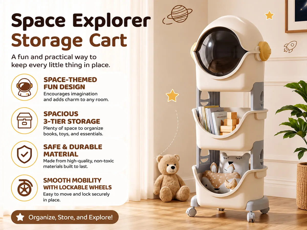 Astronaut 3-Tier Storage Organizer with Cover & Lockable Wheels