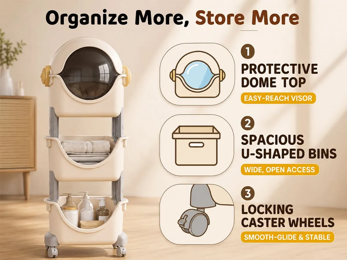 Astronaut 3-Tier Storage Organizer with Cover & Lockable Wheels