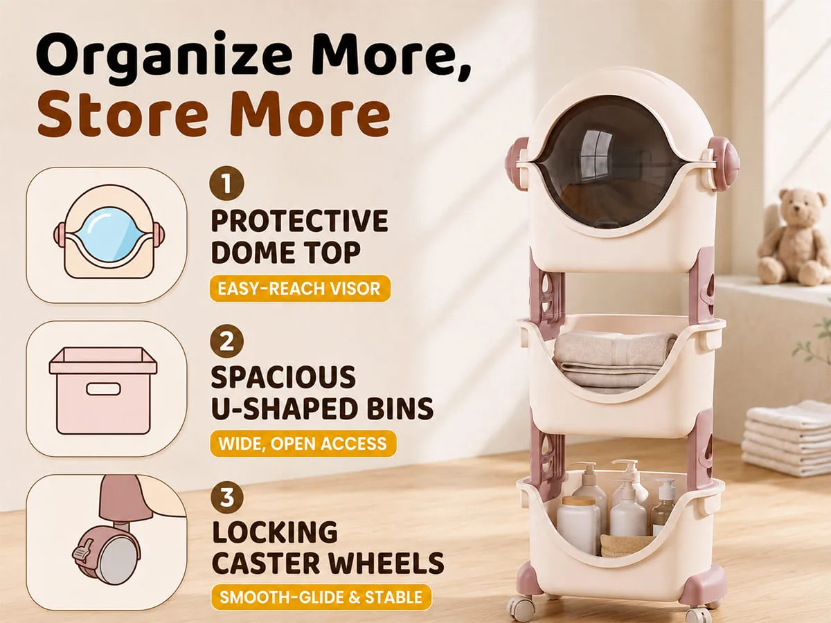Astronaut 3-Tier Storage Organizer with Cover & Lockable Wheels