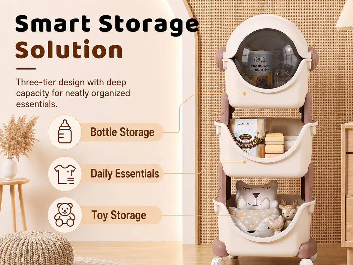 Astronaut 3-Tier Storage Organizer with Cover & Lockable Wheels