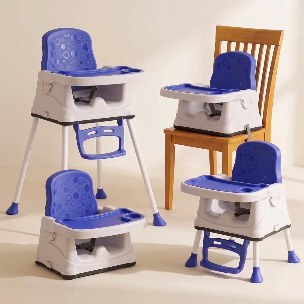 StarAndDaisy Munchkin Throne 2-in-1 Baby High Chair with 3-Point Safety Belt, Adjustable Double Tray, Footrest & Steel Legs – Blue