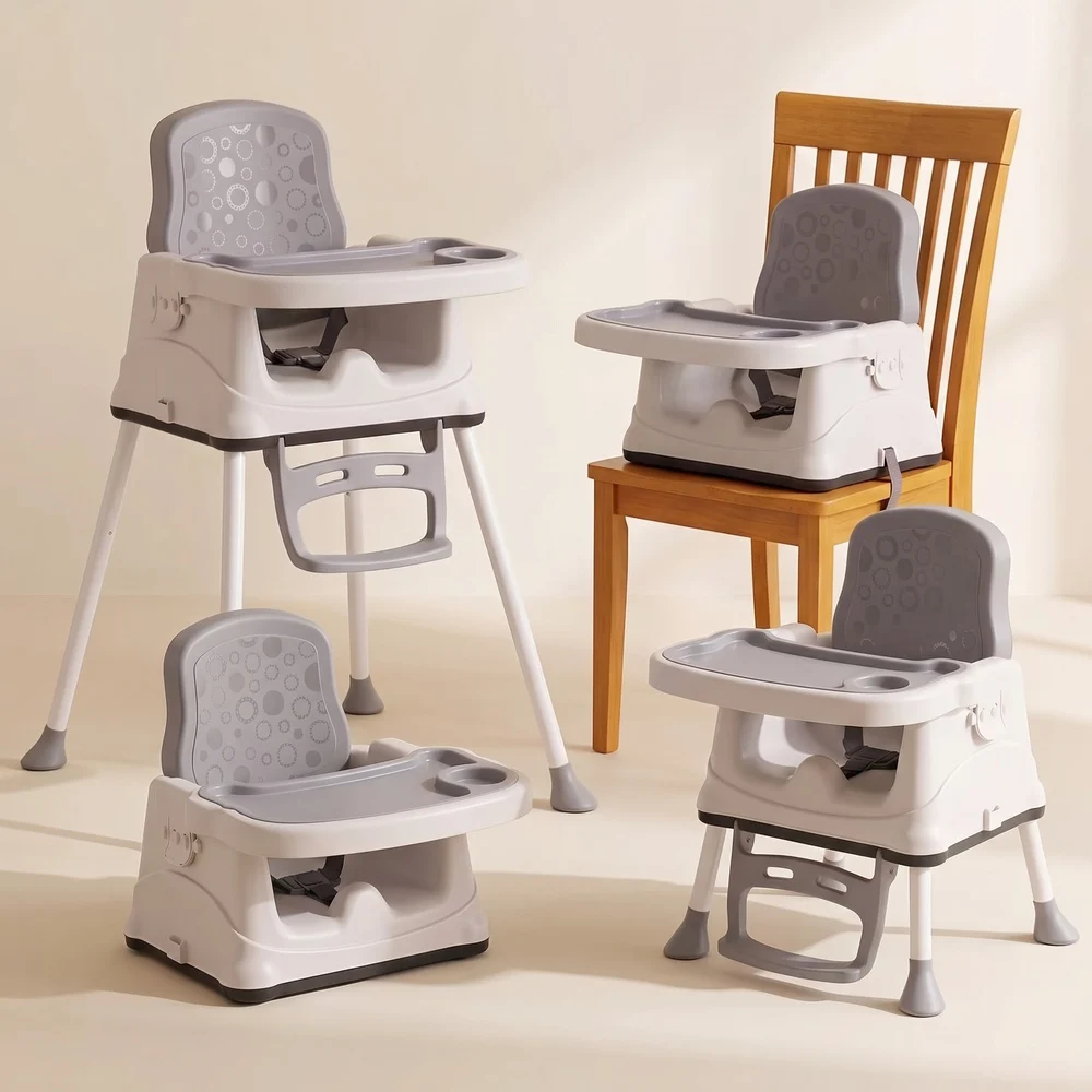 StarAndDaisy Munchkin Throne 2-in-1 Baby High Chair with 3-Point Safety Belt, Adjustable Double Tray, Footrest & Steel Legs – Grey