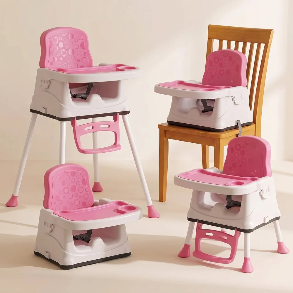 StarAndDaisy Munchkin Throne 2-in-1 Baby High Chair with 3-Point Safety Belt, Adjustable Double Tray, Footrest & Steel Legs – Pink