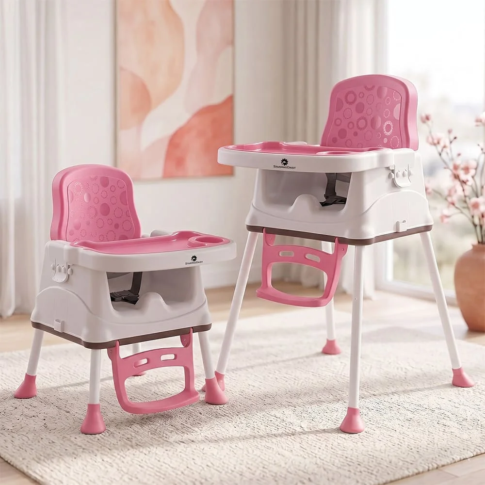 StarAndDaisy Munchkin Throne 2-in-1 Baby High Chair with 3-Point Safety Belt, Adjustable Double Tray, Footrest & Steel Legs – Pink