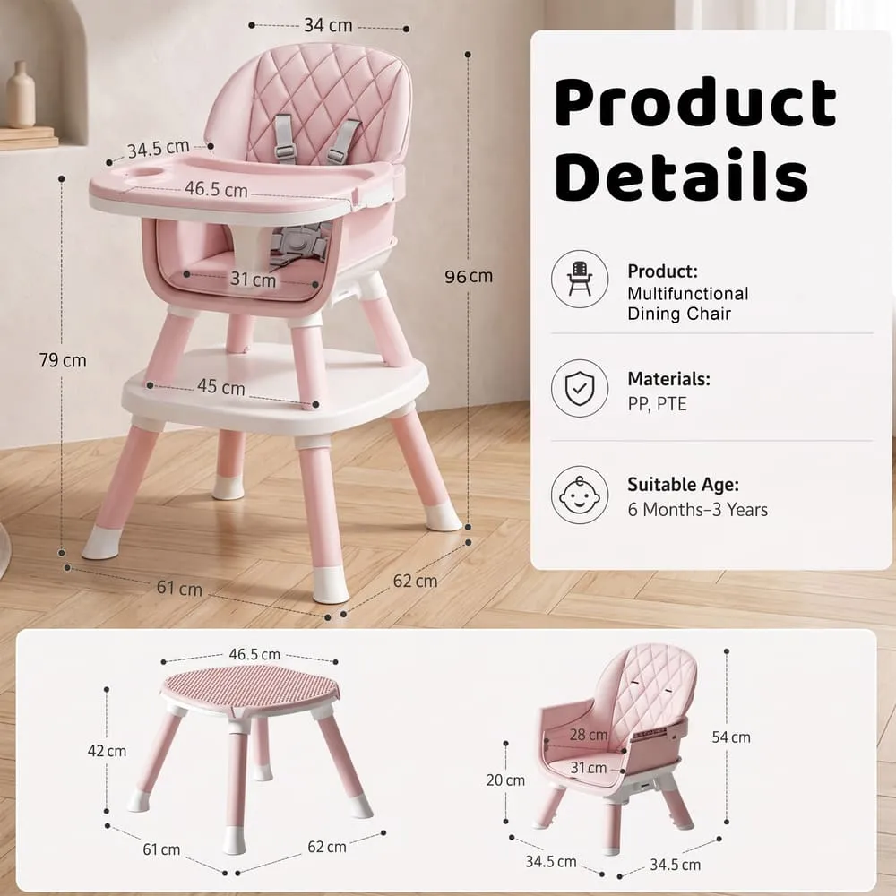 details and dimension Multifunctional Dining Baby High Chair pink
