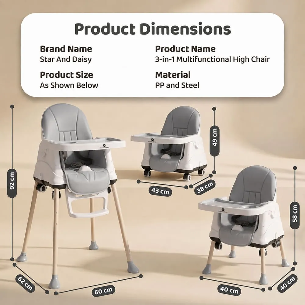 details and dimension of 4 in 1 Baby high chair grey