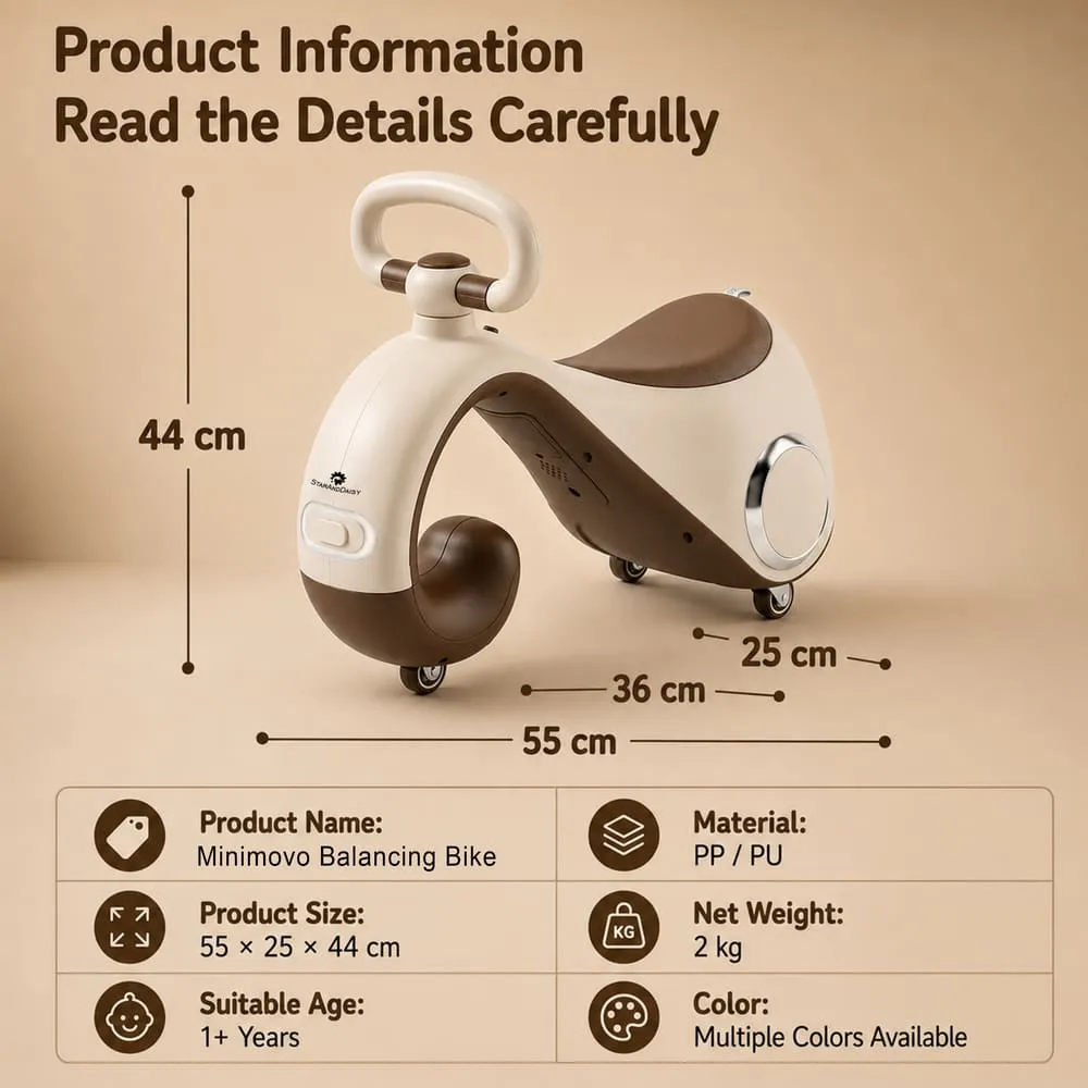 details and dimension of Mini move Balancing Bike Swing Car brown