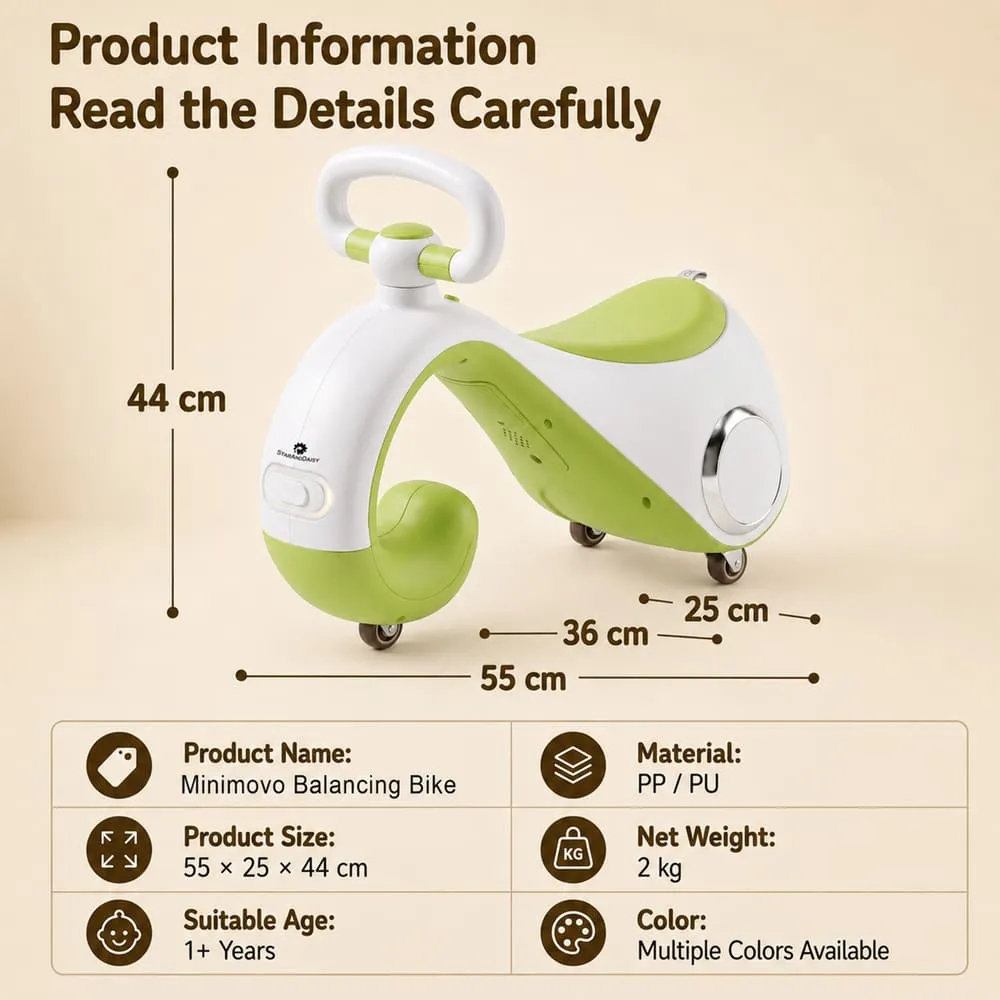 details and dimension of Mini move Balancing Bike Swing Car green