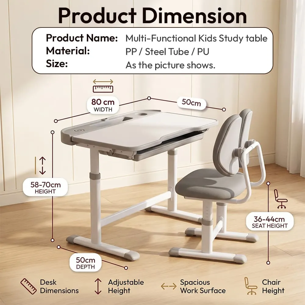 details and dimension of Multi functional Kids STudy table grey