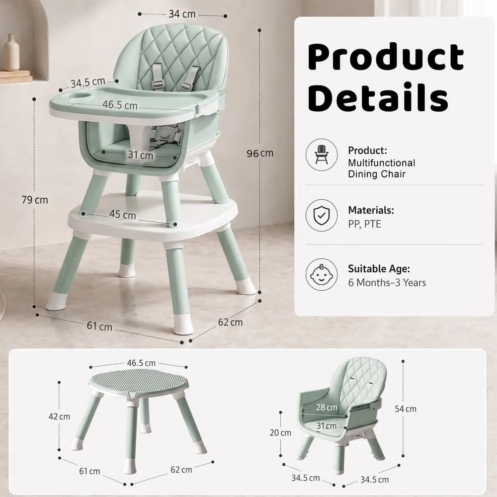 details and dimension of Multifunctional Dining Baby High Chair green