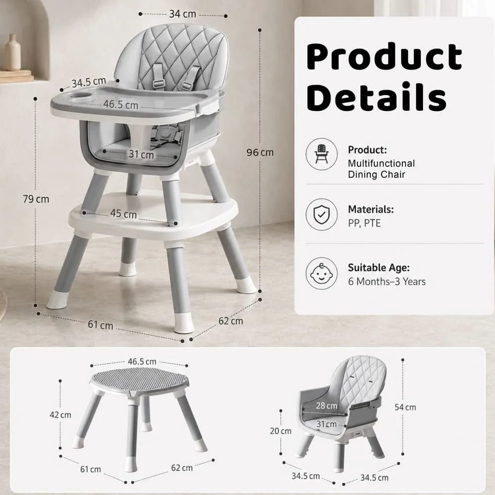 details and dimension of Multifunctional Dining Baby High Chair grey