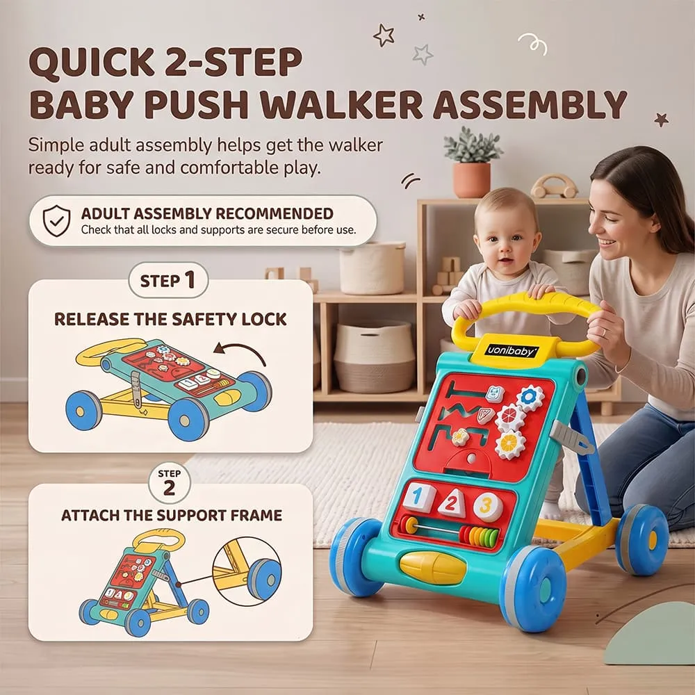 quick 2 step assembly uonibaby activity push walker blue