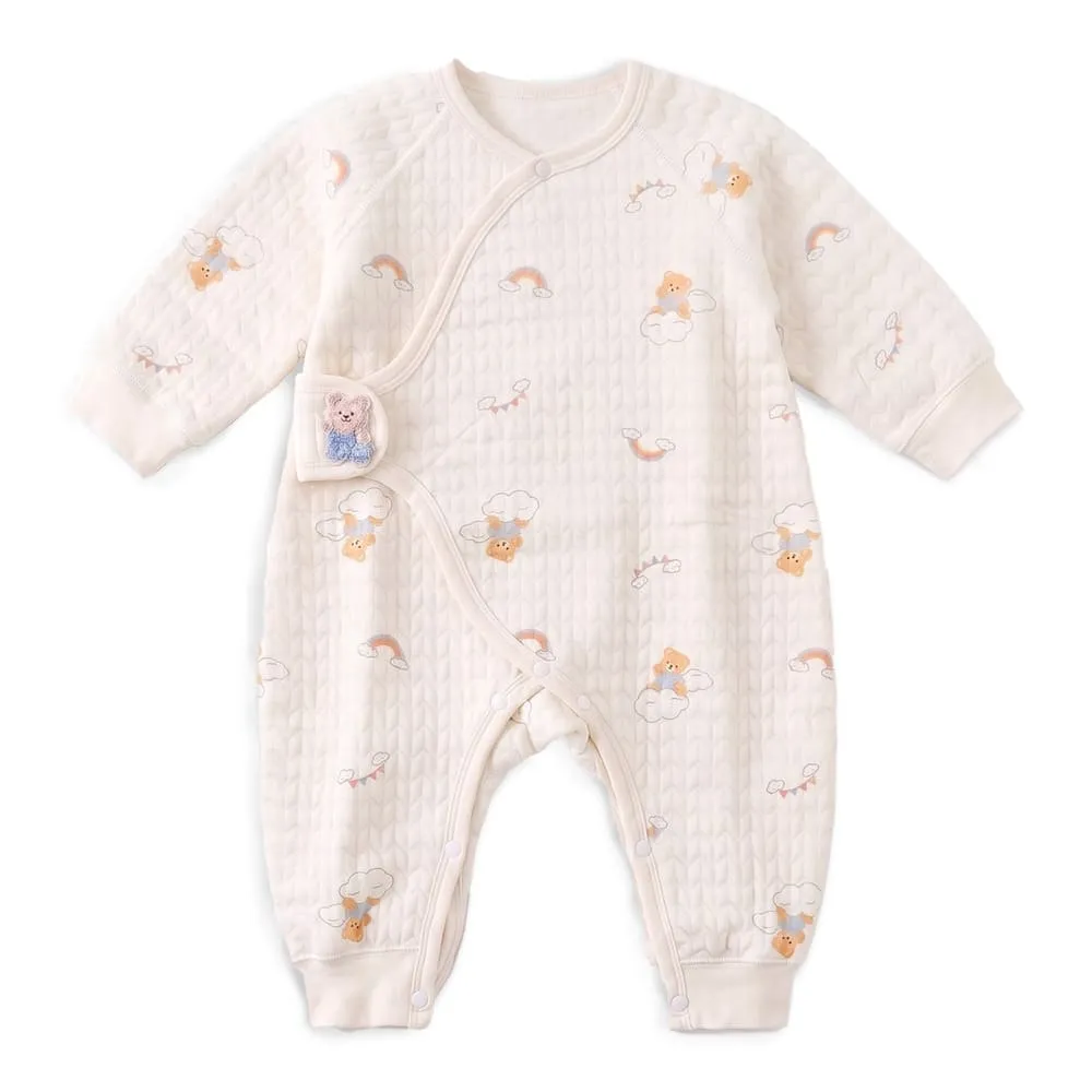 StarAndDaisy 100% Cotton Full-Sleeve Baby Romper with Breathable Quilted Fabric, Side-Open Snap Closure & Bear Print for 0–12 Months