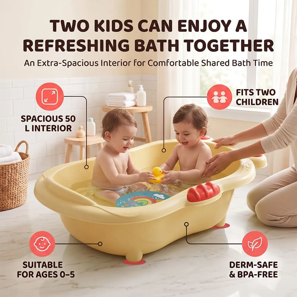 2 babies can enjoy Aqua Nest Baby Bathtub without leg without Wheel yellow red