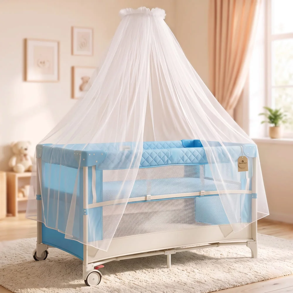 StarAndDaisy CozyCove Bedside Crib for Newborns, Convertible Baby Crib with Playpen, Mosquito Net, Comfortable Mattress and Easy Wheel Movement – Blue