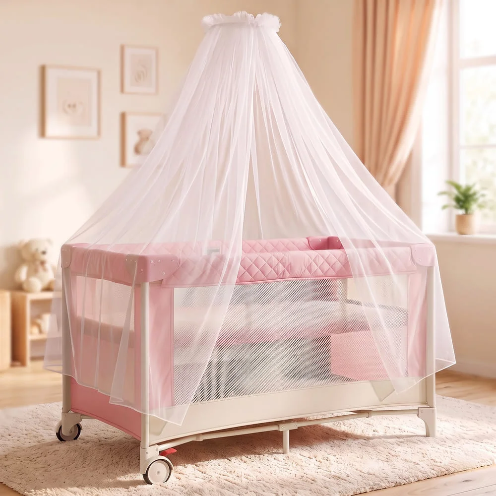 StarAndDaisy CozyCove Bedside Crib for Newborns, Convertible Baby Crib with Playpen, Mosquito Net, Comfortable Mattress and Easy Wheel Movement – Pink