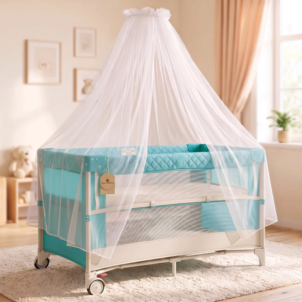 StarAndDaisy CozyCove Bedside Crib for Newborns, Convertible Baby Crib with Playpen, Mosquito Net, Comfortable Mattress and Easy Wheel Movement – Green