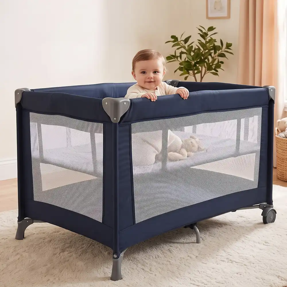 StarAndDaisy Foldable Baby Playpen with Mesh Sides, Wheels and Padded Base, Portable Play Area for Indoor & Outdoor Use, 102 × 74 × 71 cm, Blue