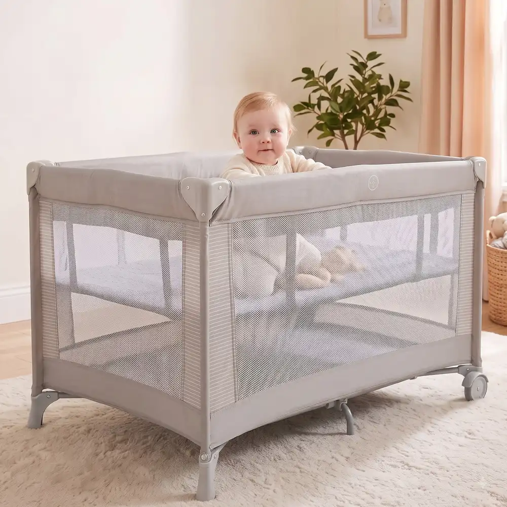 StarAndDaisy Foldable Baby Playpen with Mesh Sides, Wheels and Padded Base, Portable Play Area for Indoor & Outdoor Use, 102 Ć 74 Ć 71 cm, Beige