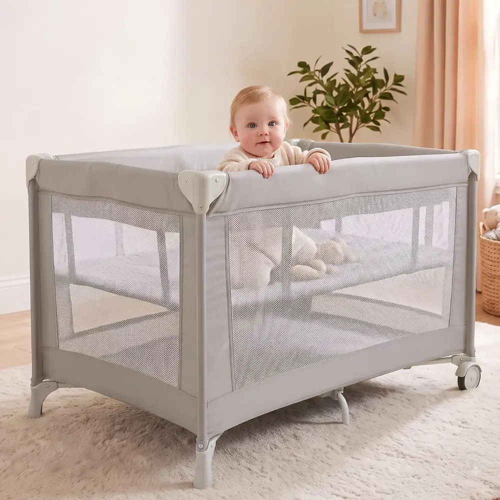 StarAndDaisy Foldable Baby Playpen with Mesh Sides, Wheels and Padded Base, Portable Play Area for Indoor & Outdoor Use, 102 × 74 × 71 cm, Beige