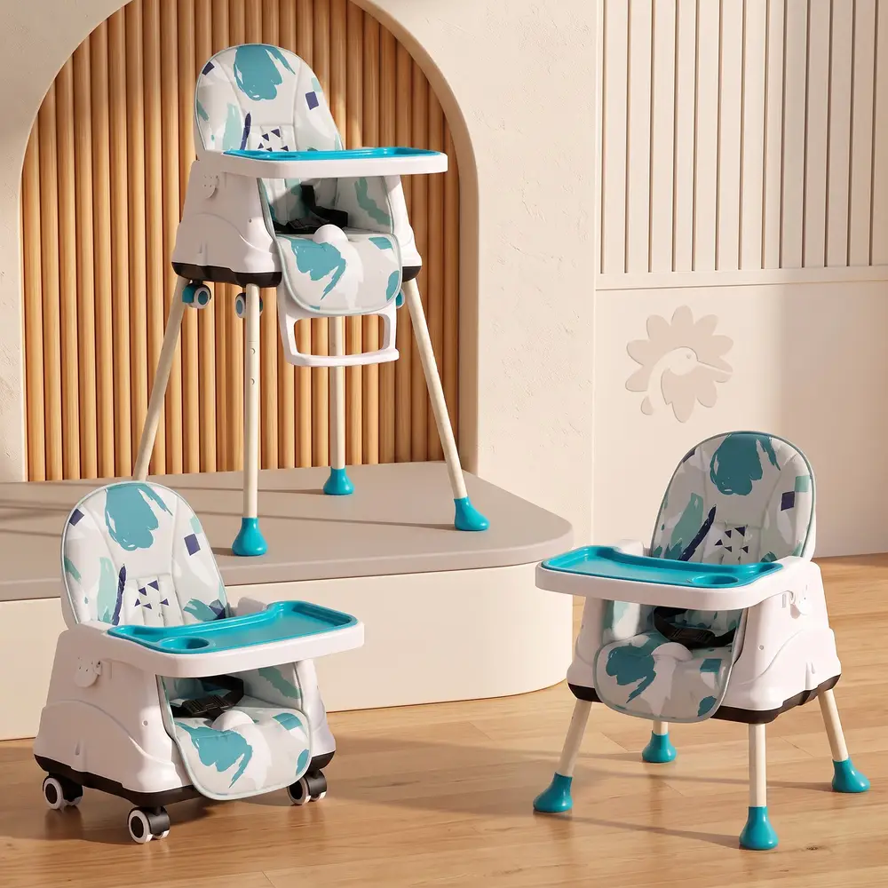 StarAndDaisy 3-in-1 Multi-functional Baby High Chair, Normal Chair & Booster Seat with Adjustable Double Tray, 3-Point Safety Belt and PU Seat – Blue