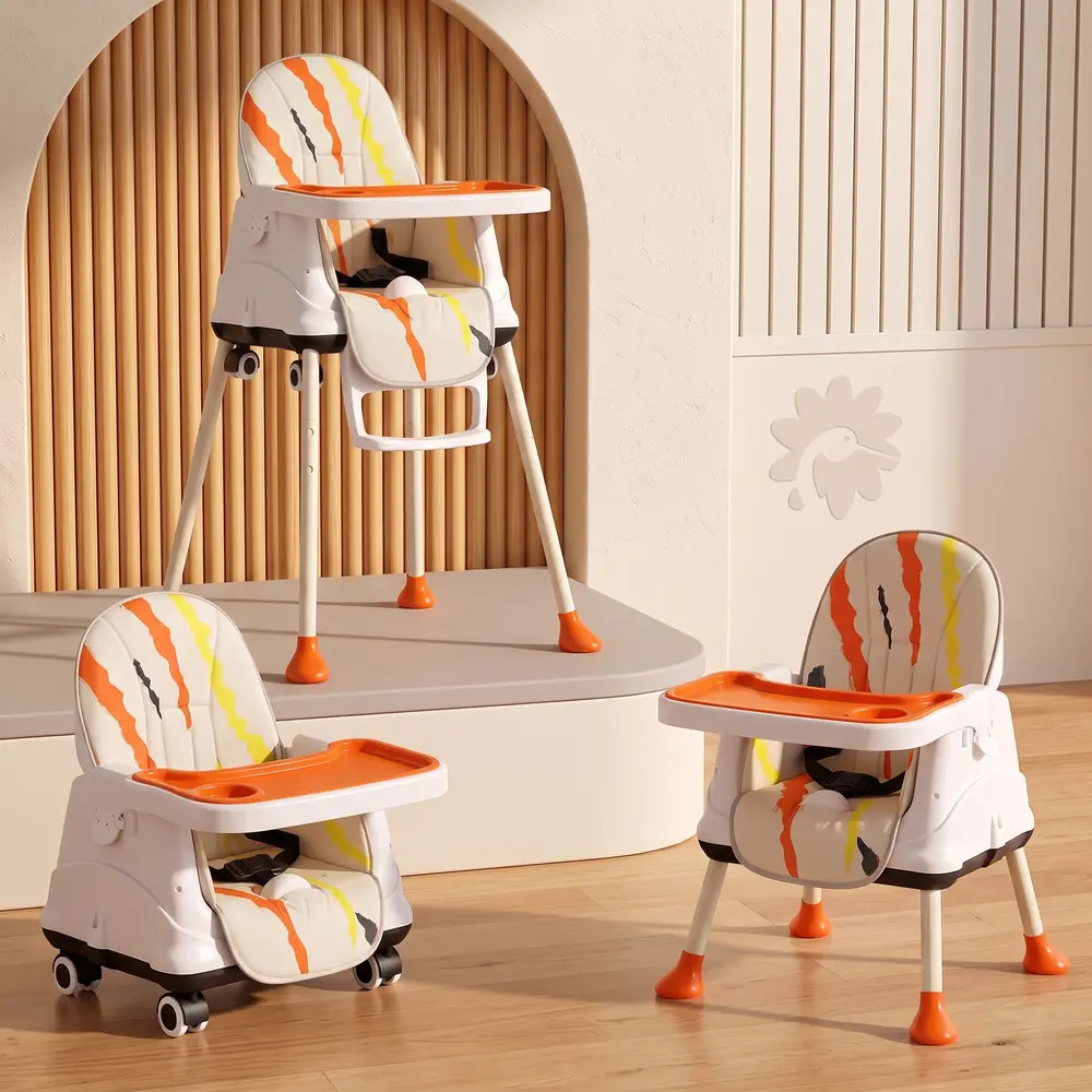 StarAndDaisy 3-in-1 Multi-functional Baby High Chair, Normal Chair & Booster Seat with Adjustable Double Tray, 3-Point Safety Belt and PU Seat – Orange