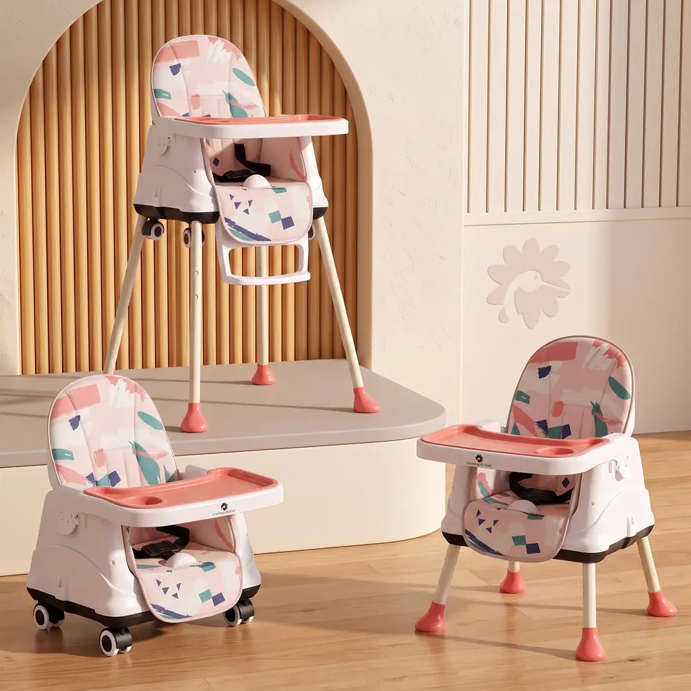 StarAndDaisy 3-in-1 Multi-functional Baby High Chair, Normal Chair & Booster Seat with Adjustable Double Tray, 3-Point Safety Belt and PU Seat – Pink
