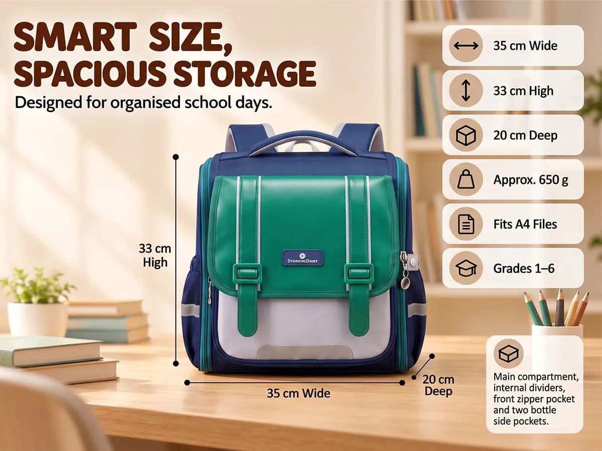 Kids School Bag for Grades 1–6, Water-Resistant Backpack