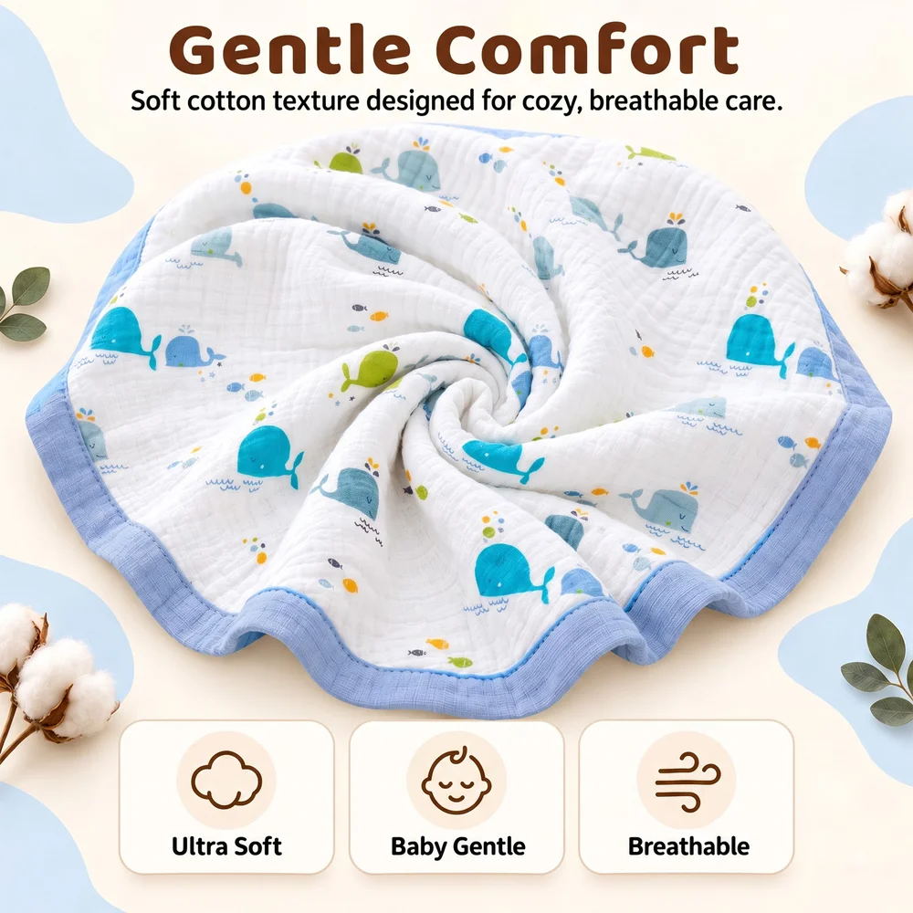 Muslin cotton blanket Whale print3